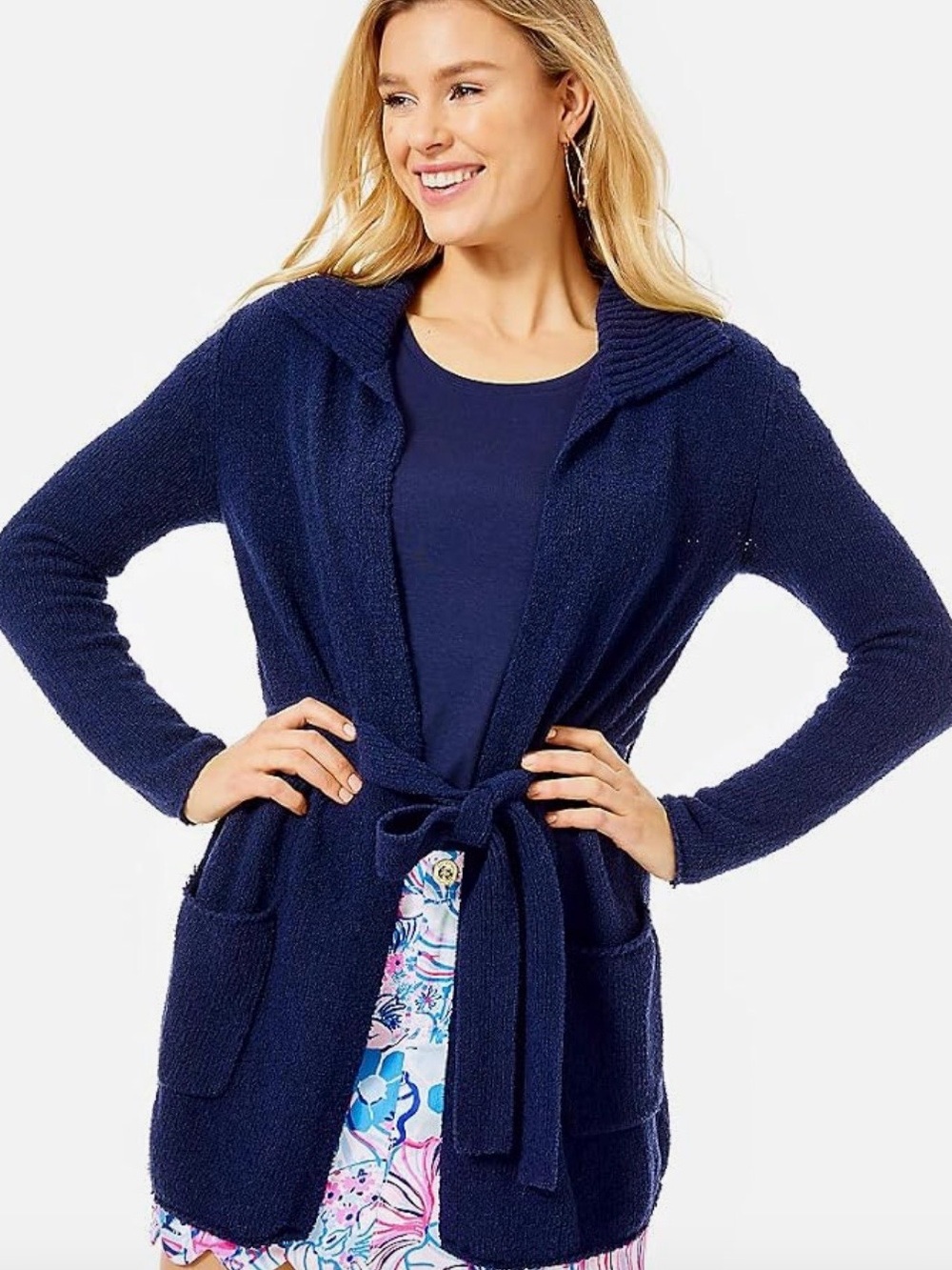 Lilly Pulitzer Navy Open-Front Belted Cardigan